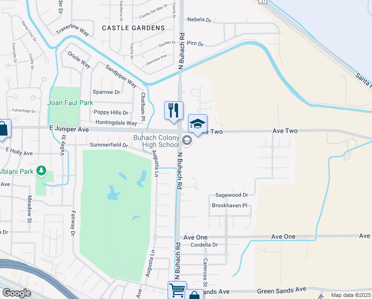 map of restaurants, bars, coffee shops, grocery stores, and more near 1800 North Buhach Road in Atwater