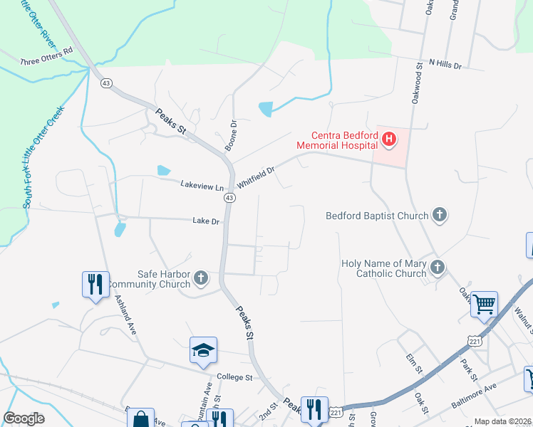 map of restaurants, bars, coffee shops, grocery stores, and more near 1123 Galax Street in Bedford