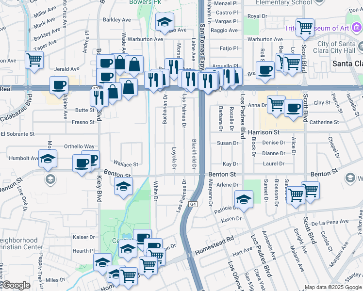 map of restaurants, bars, coffee shops, grocery stores, and more near 1238 Las Palmas Drive in Santa Clara