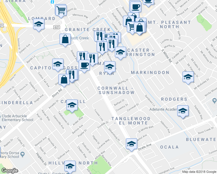 map of restaurants, bars, coffee shops, grocery stores, and more near 2725 Murtha Drive in San Jose
