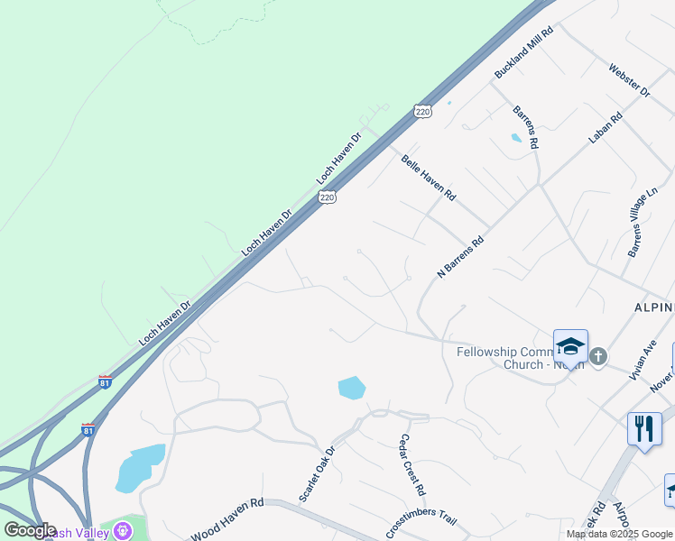 map of restaurants, bars, coffee shops, grocery stores, and more near 8358 Cardington Drive in Hollins