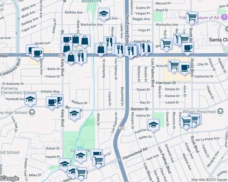 map of restaurants, bars, coffee shops, grocery stores, and more near 1238 Las Palmas Drive in Santa Clara