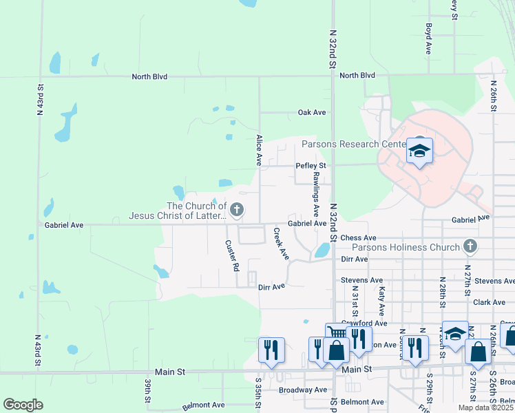 map of restaurants, bars, coffee shops, grocery stores, and more near 900 Alice Avenue in Parsons