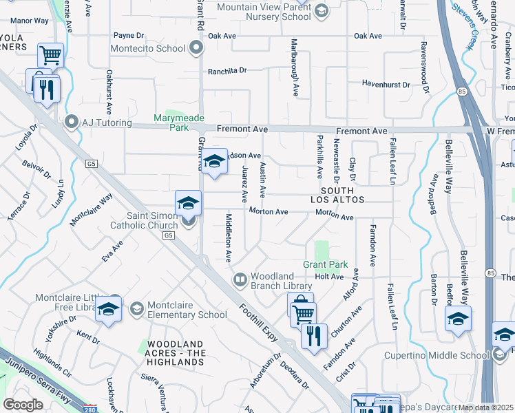 map of restaurants, bars, coffee shops, grocery stores, and more near 1762 Austin Avenue in Los Altos