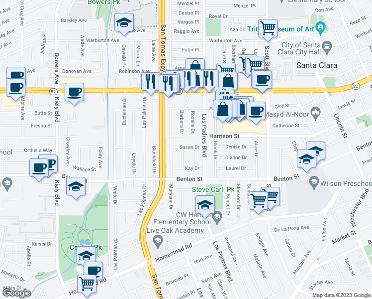 map of restaurants, bars, coffee shops, grocery stores, and more near 2358 Susan Drive in Santa Clara