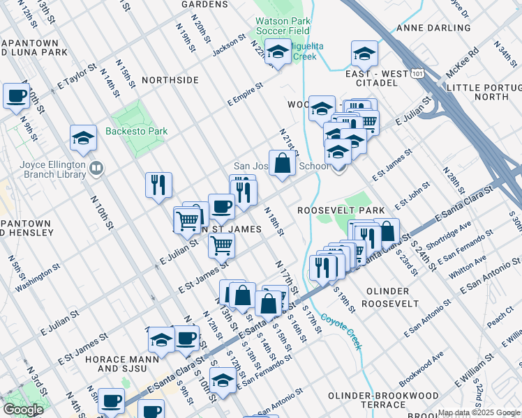 map of restaurants, bars, coffee shops, grocery stores, and more near 842 East Julian Street in San Jose