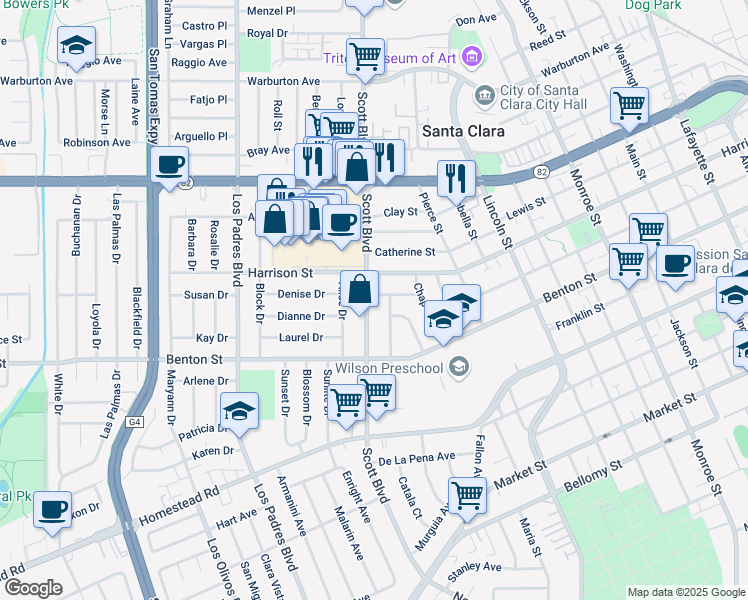 map of restaurants, bars, coffee shops, grocery stores, and more near 1267 Scott Boulevard in Santa Clara