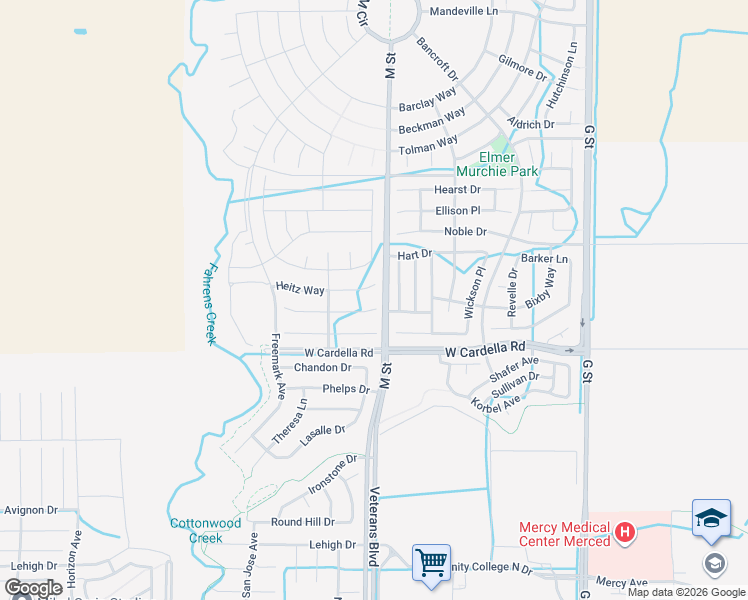 map of restaurants, bars, coffee shops, grocery stores, and more near 640 Heitz Court in Merced