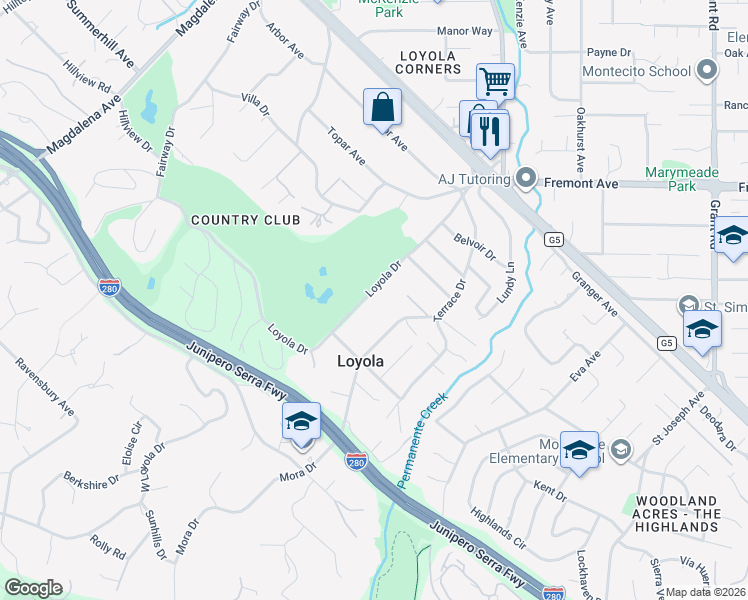 map of restaurants, bars, coffee shops, grocery stores, and more near 778 Loyola Drive in Los Altos