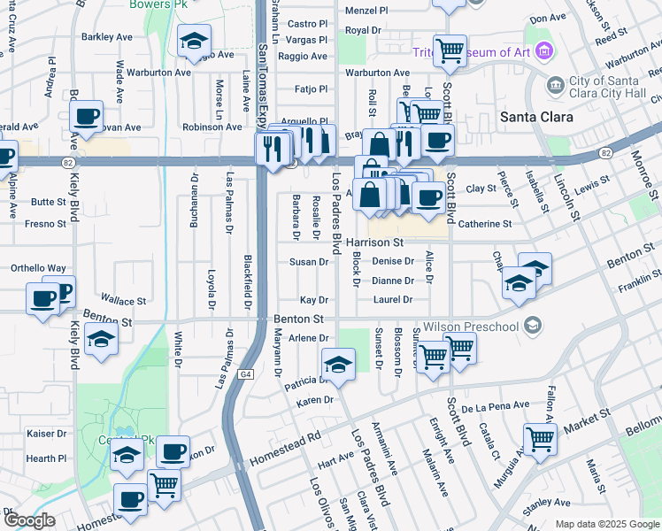 map of restaurants, bars, coffee shops, grocery stores, and more near 2318 Susan Drive in Santa Clara
