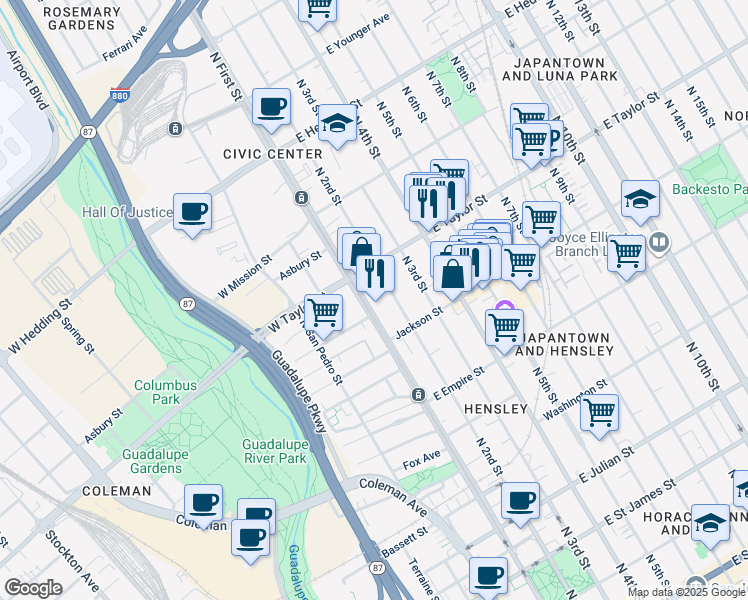 map of restaurants, bars, coffee shops, grocery stores, and more near 662 North 1st Street in San Jose