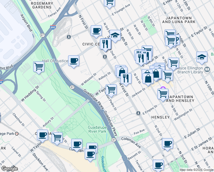 map of restaurants, bars, coffee shops, grocery stores, and more near 147 West Taylor Street in San Jose