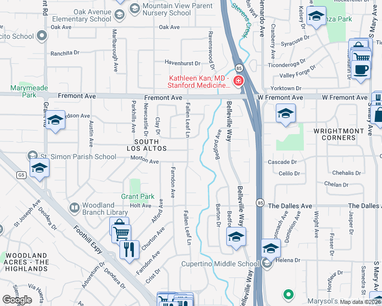 map of restaurants, bars, coffee shops, grocery stores, and more near 1765 Fallen Leaf Lane in Los Altos