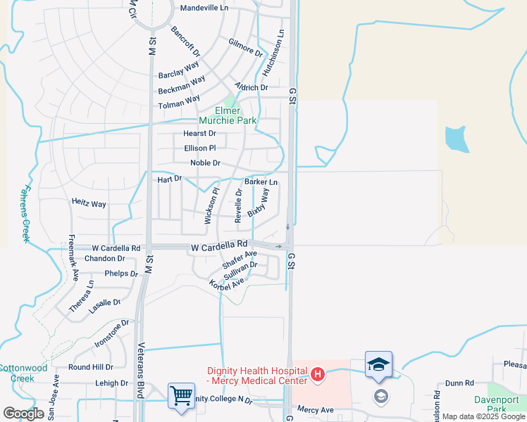 map of restaurants, bars, coffee shops, grocery stores, and more near 4354 Bixby Way in Merced