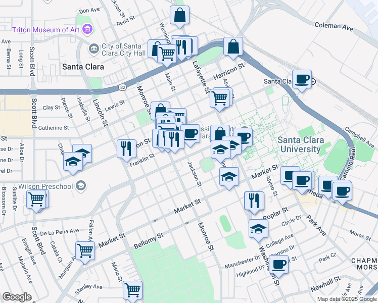 map of restaurants, bars, coffee shops, grocery stores, and more near in Santa Clara