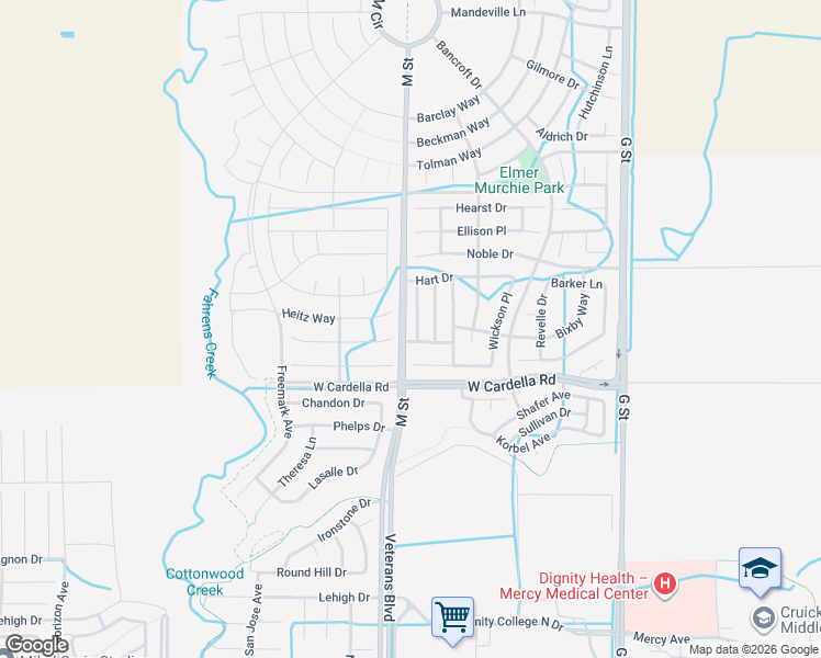 map of restaurants, bars, coffee shops, grocery stores, and more near 4335 Mathias Way in Merced
