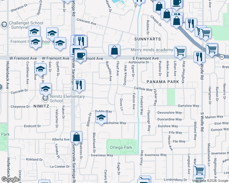 map of restaurants, bars, coffee shops, grocery stores, and more near 1409 Floyd Avenue in Sunnyvale