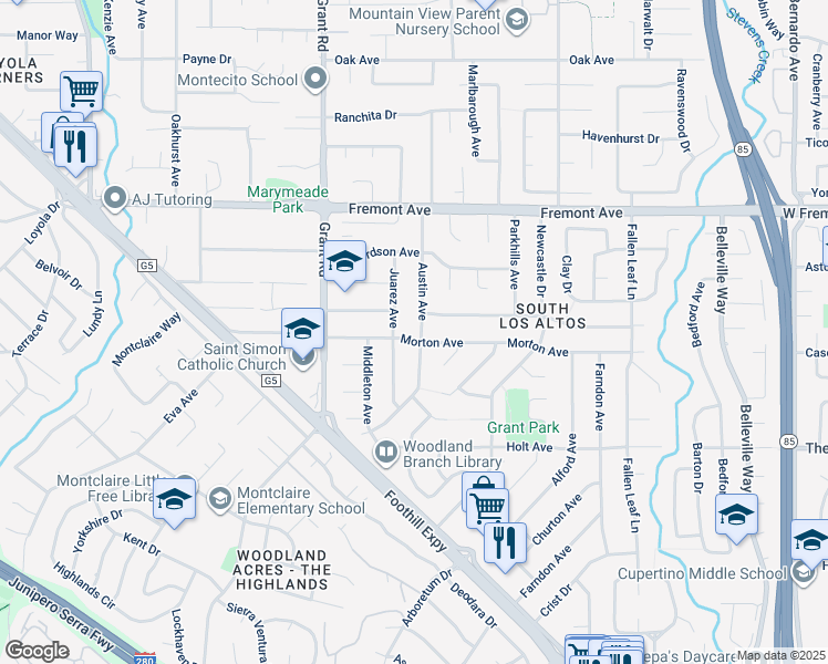map of restaurants, bars, coffee shops, grocery stores, and more near 1762 Austin Avenue in Los Altos