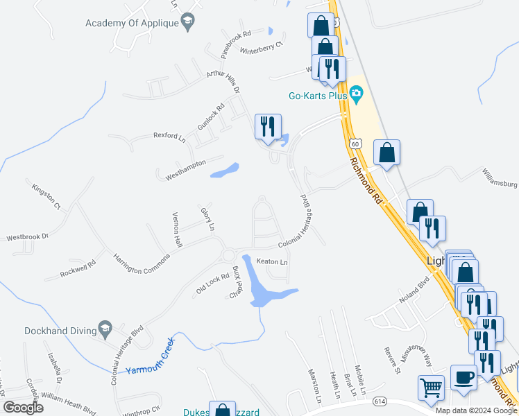 map of restaurants, bars, coffee shops, grocery stores, and more near 6771 Tarpleys Tavern Road in Williamsburg