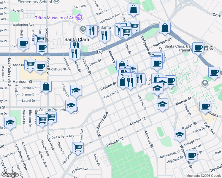 map of restaurants, bars, coffee shops, grocery stores, and more near 1080 Madison Street in Santa Clara