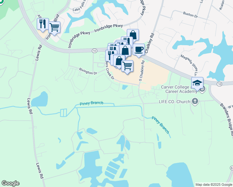 map of restaurants, bars, coffee shops, grocery stores, and more near 11909 Quiet Pine Drive in Chester