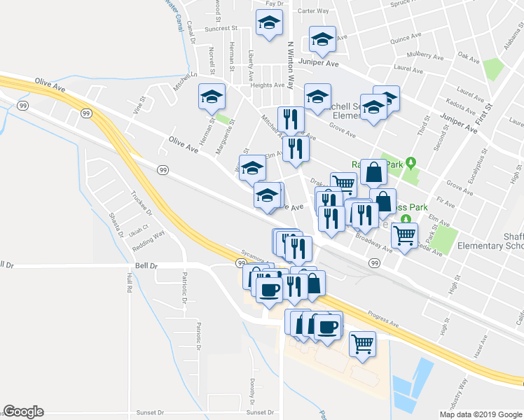 map of restaurants, bars, coffee shops, grocery stores, and more near 1800 Olive Avenue in Atwater