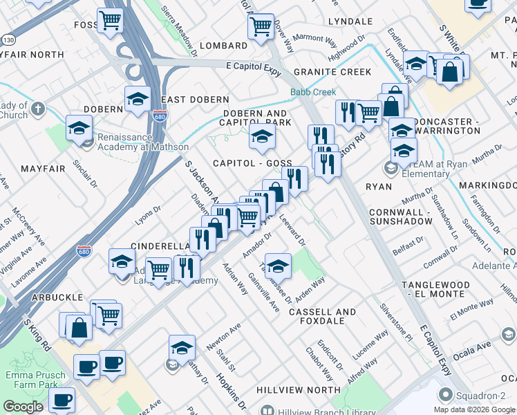 map of restaurants, bars, coffee shops, grocery stores, and more near 2418 Sleepy Hollow Lane in San Jose