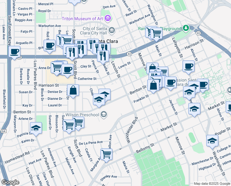 map of restaurants, bars, coffee shops, grocery stores, and more near 1764 Fremont Street in Santa Clara