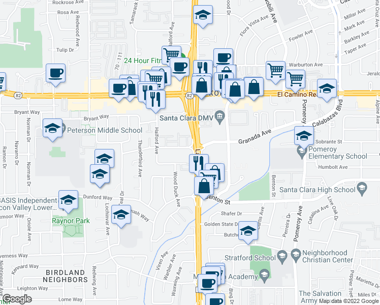 map of restaurants, bars, coffee shops, grocery stores, and more near 3602 Lillick Drive in Santa Clara