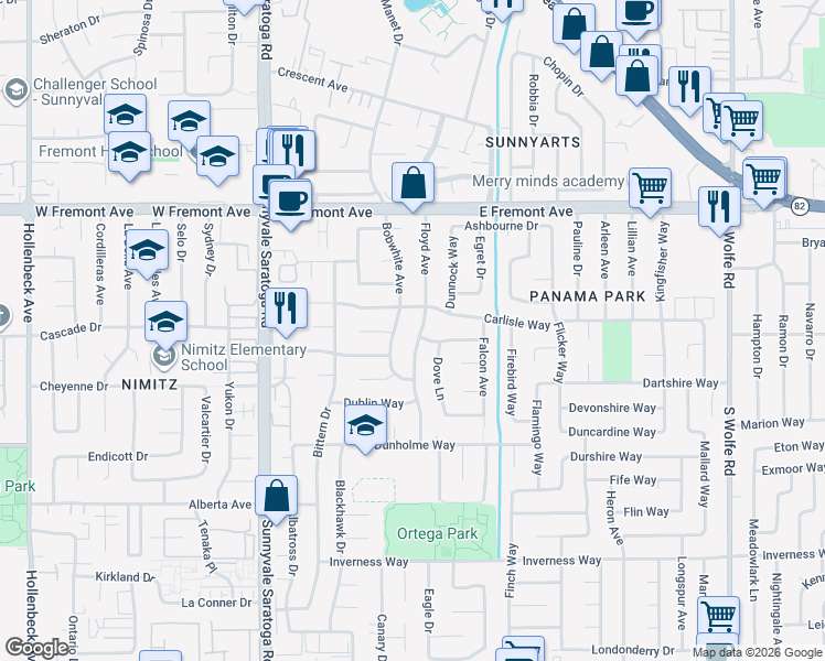 map of restaurants, bars, coffee shops, grocery stores, and more near 1409 Floyd Avenue in Sunnyvale