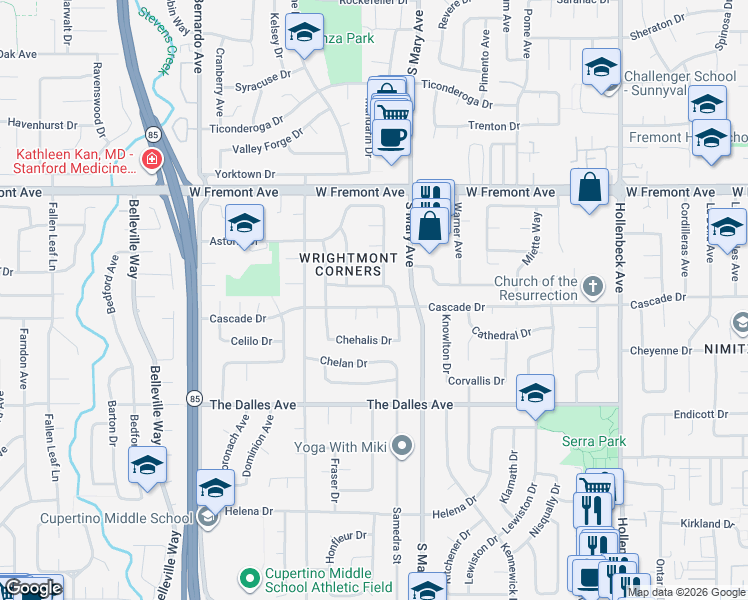 map of restaurants, bars, coffee shops, grocery stores, and more near 917 Cascade Drive in Sunnyvale