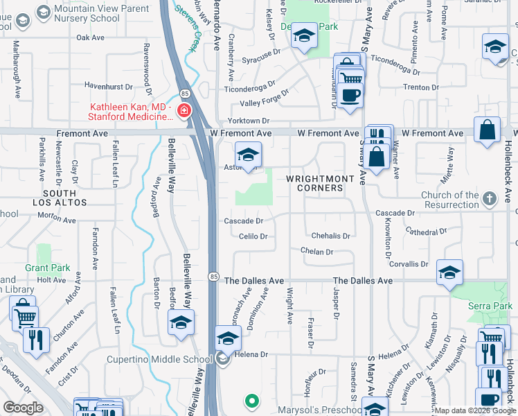 map of restaurants, bars, coffee shops, grocery stores, and more near 1385 Enderby Way in Sunnyvale