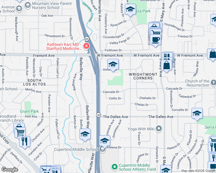 map of restaurants, bars, coffee shops, grocery stores, and more near 1373 Deroche Court in Sunnyvale