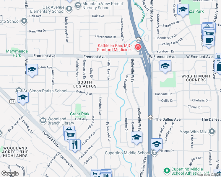 map of restaurants, bars, coffee shops, grocery stores, and more near 1765 Fallen Leaf Lane in Los Altos