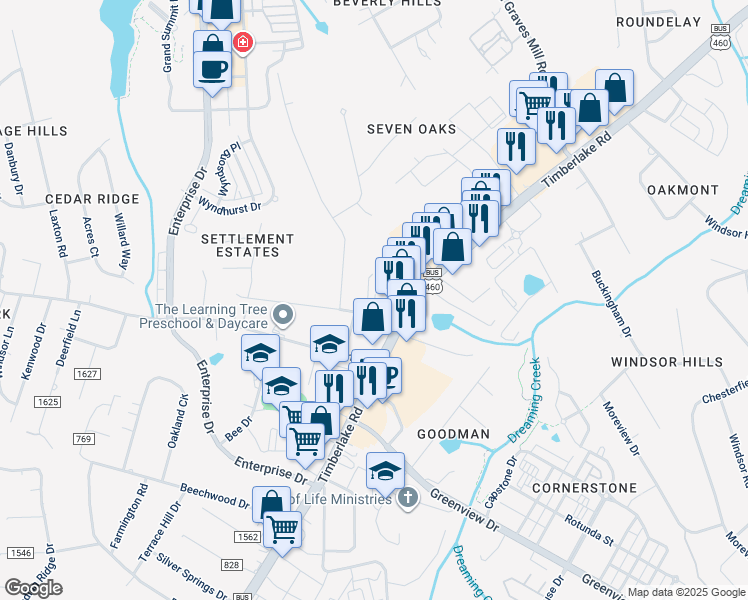 map of restaurants, bars, coffee shops, grocery stores, and more near 8127 Timberlake Road in Lynchburg