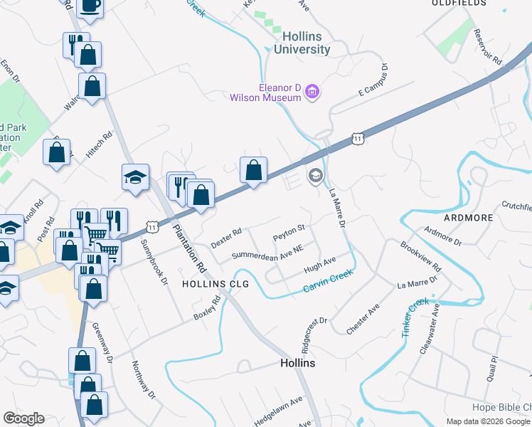 map of restaurants, bars, coffee shops, grocery stores, and more near 824 Dexter Rd in Roanoke