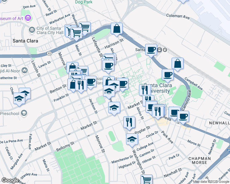 map of restaurants, bars, coffee shops, grocery stores, and more near 810 Lafayette Street in Santa Clara