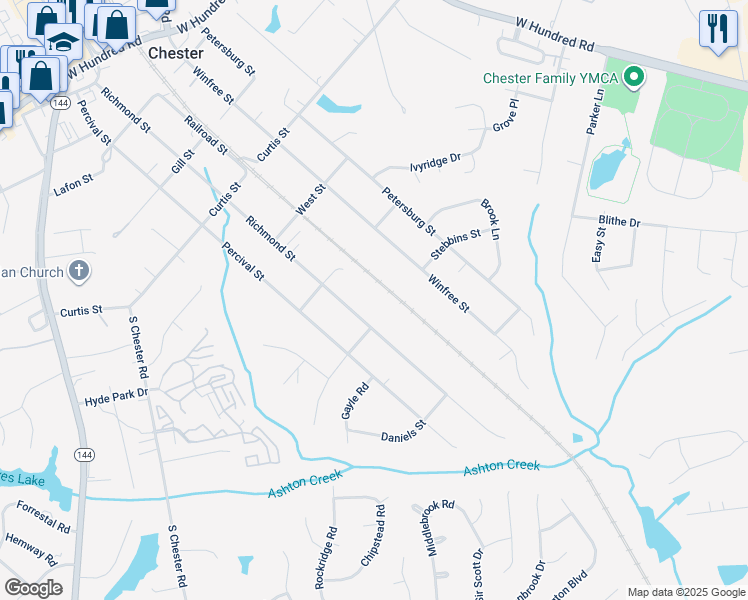 map of restaurants, bars, coffee shops, grocery stores, and more near 12540 Railroad Street in Chester
