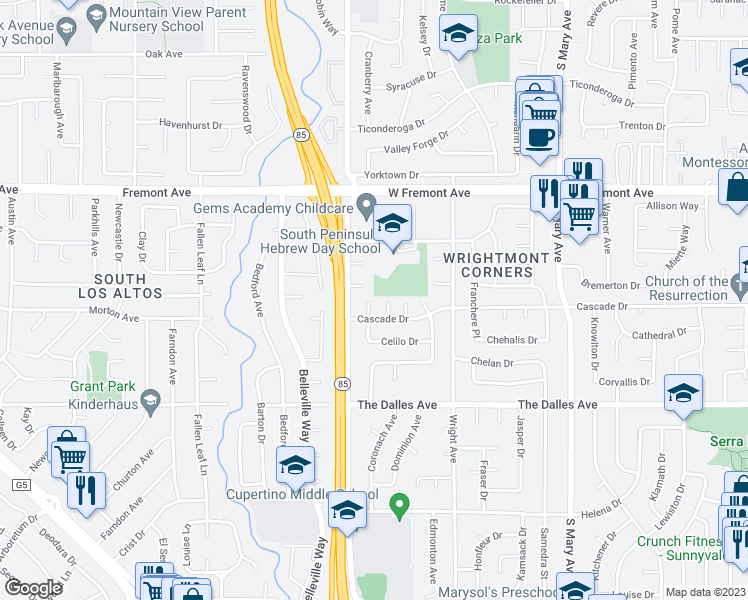 map of restaurants, bars, coffee shops, grocery stores, and more near 1373 Deroche Court in Sunnyvale