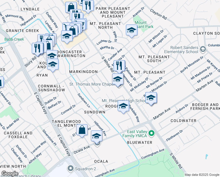 map of restaurants, bars, coffee shops, grocery stores, and more near 1651 Estates Court in San Jose