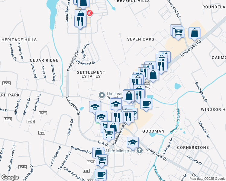 map of restaurants, bars, coffee shops, grocery stores, and more near 1204 Wood Road in Lynchburg