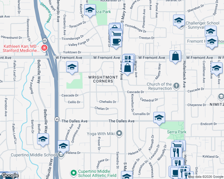 map of restaurants, bars, coffee shops, grocery stores, and more near 917 Cascade Drive in Sunnyvale