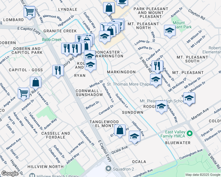 map of restaurants, bars, coffee shops, grocery stores, and more near 1401 Sundown Lane in San Jose