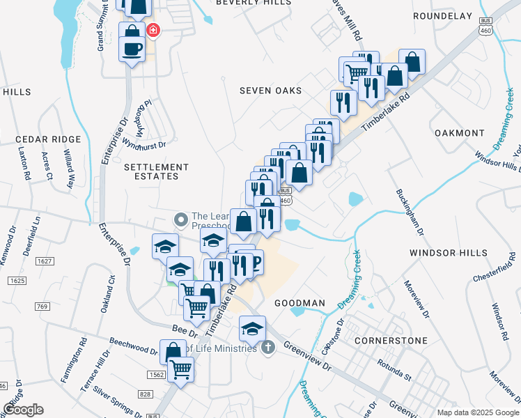 map of restaurants, bars, coffee shops, grocery stores, and more near 8127 Timberlake Road in Lynchburg