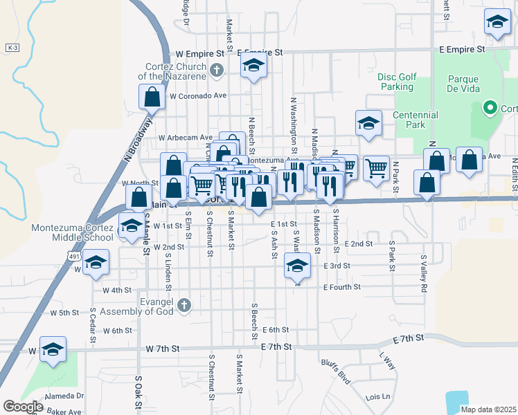 map of restaurants, bars, coffee shops, grocery stores, and more near 113 East Main Street in Cortez