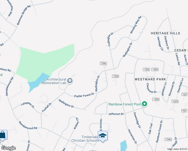 map of restaurants, bars, coffee shops, grocery stores, and more near 38 Braxton Ln in Forest