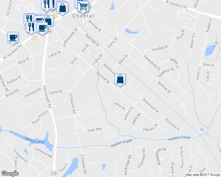 map of restaurants, bars, coffee shops, grocery stores, and more near 12524 Percival Street in Chester