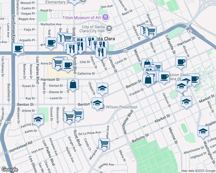 map of restaurants, bars, coffee shops, grocery stores, and more near 1764 Fremont Street in Santa Clara