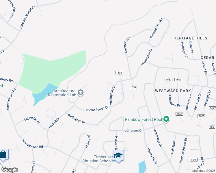 map of restaurants, bars, coffee shops, grocery stores, and more near 38 Braxton Ln in Forest