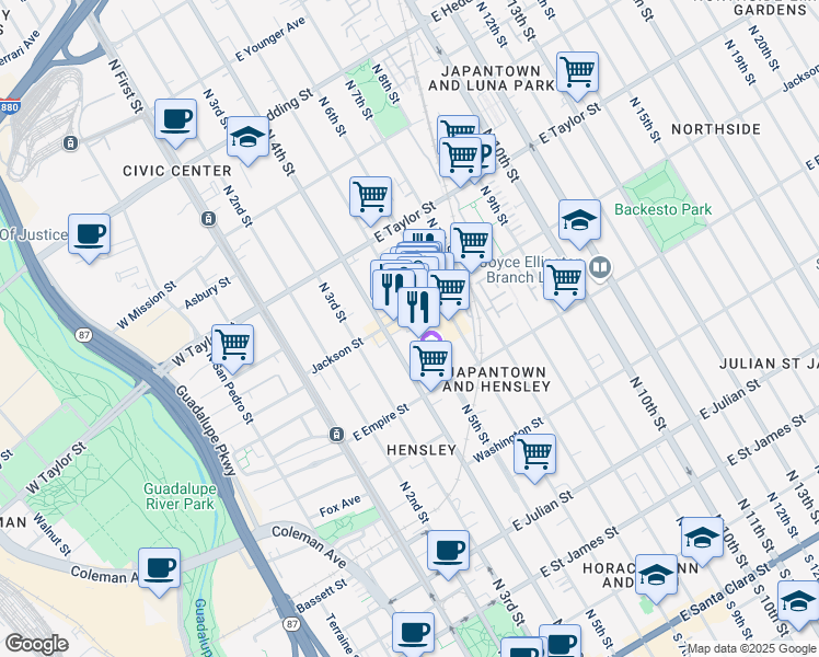map of restaurants, bars, coffee shops, grocery stores, and more near 591 North 5th Street in San Jose